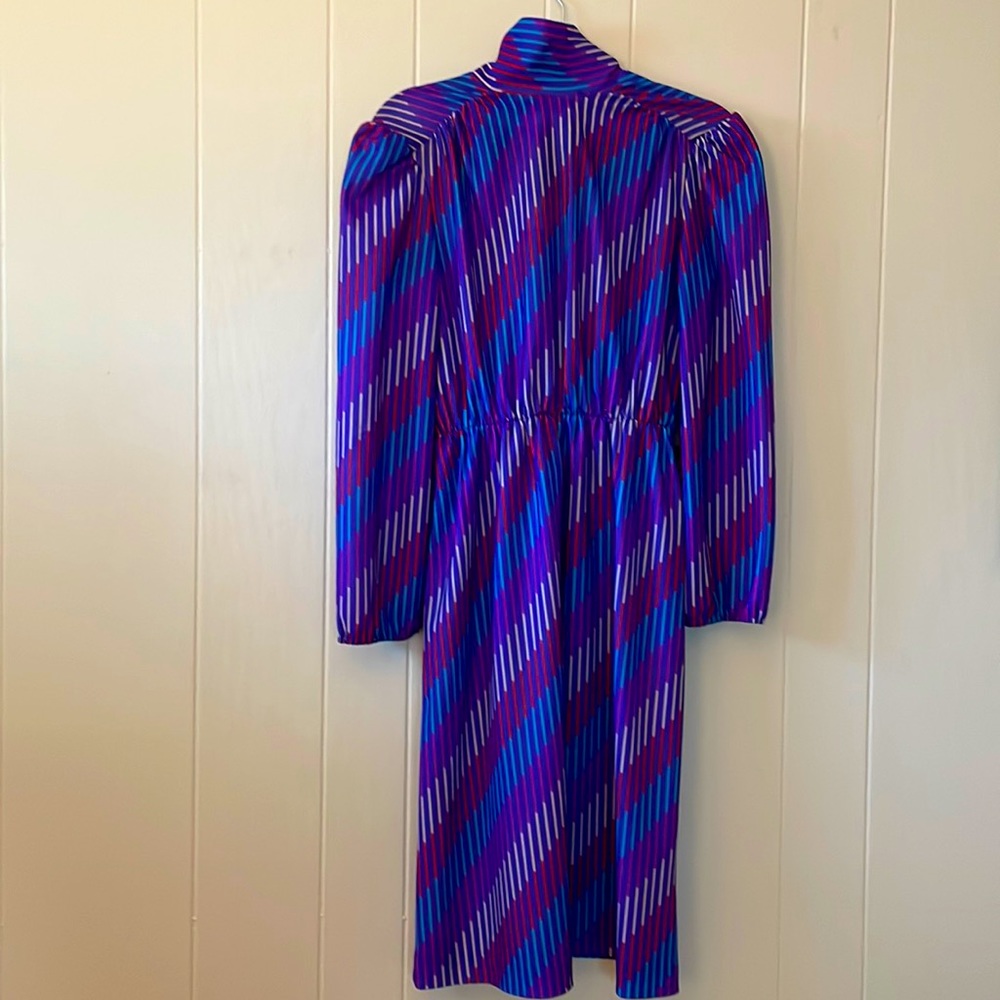 Vintage 80’s purple long sleeve strip dress puff retro midi